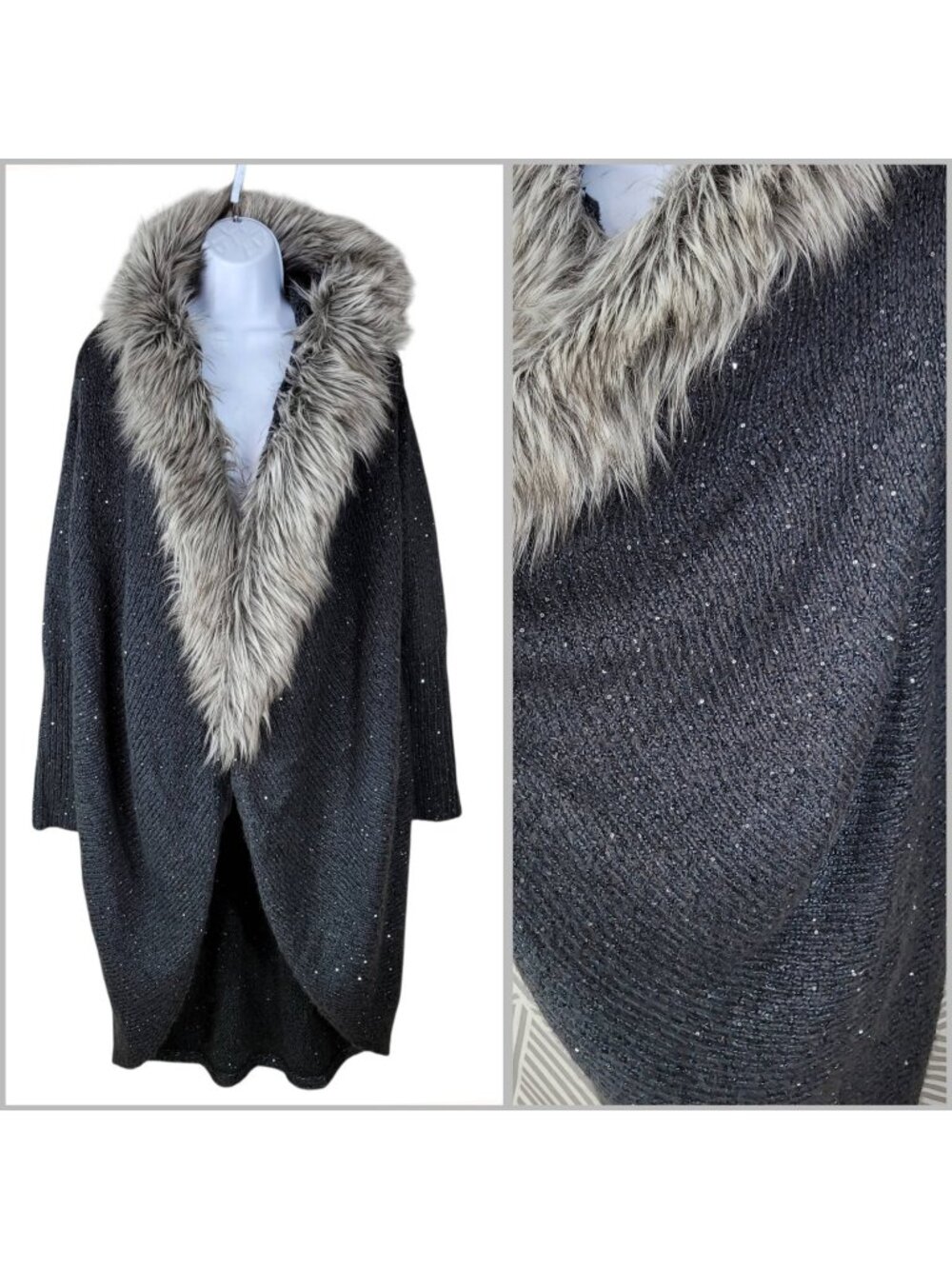 Jennifer Lopez Long Open Cardigan Sweater Faux Fur Trim Gray Small Duster Cocoon